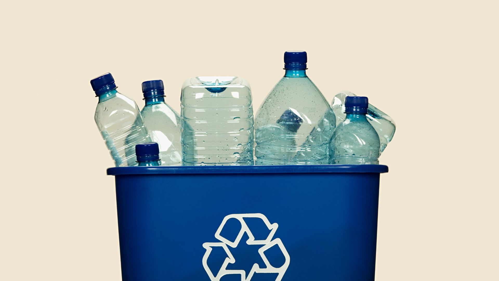 Blue recycling bin filled with empty plastic water bottles