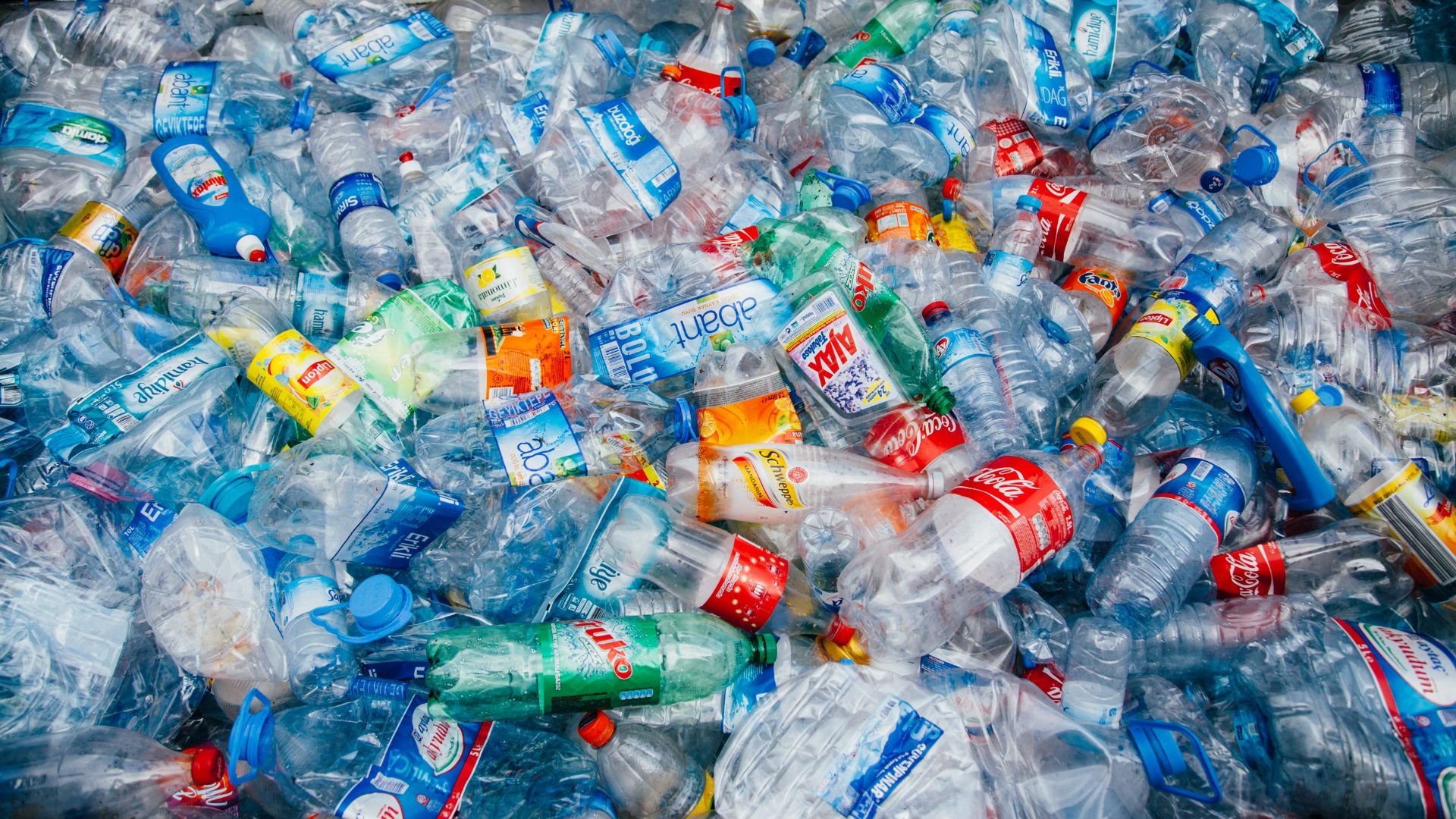 Piles of crushed plastic water bottles showing environmental waste problem